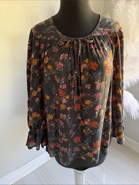 Lucky Brand Dark Floral Tie-Neck Blouse in Charcoal with Pink & Yellow Flowers